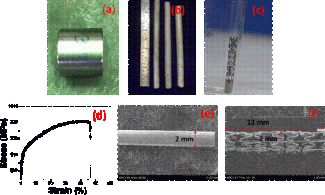 (a) As cast Fe-Mn-Si alloys billet, (b) Extruded and heat-treated rods, (c) Stent made by laser micro-machining, (d) Stress-Strain curve of the alloy, (e) and (f) SEM images of tube and stent