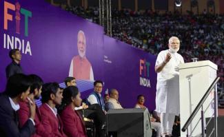 Prime Minister, Narendra Modi addressing the gathering at the launch of the ‘Fit India Movement’, on the occasion of the National Sports Day, at the Indira Gandhi Indoor stadium, in New Delhi on August 29, 2019