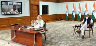 PM Narendra Modi interacting with the Sarpanchs from across the country on the occasion of the National Panchayati Raj Divas through Video-Conferencing, in New Delhi on April 24, 2020