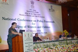 Union Minister for Women & Child Development and Textiles, Smriti Irani addressing at the valedictory session of the National Conference on Policy Framework for Skilling of Women and Children, in New Delhi on February 14, 2020