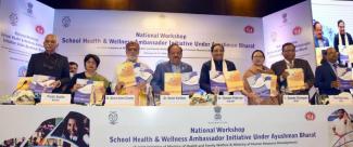 Union Minister for Health & Family Welfare, Science & Technology and Earth Sciences, Dr. Harsh Vardhan and Union Minister for HRD, Dr. Ramesh Pokhriyal ‘Nishank’ releasing the publication at the launch of the “School Health and Wellness Ambassador Initiative under Ayushman Bharat”, in New Delhi on February 12, 2020