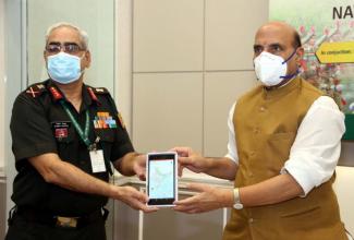 Union Minister for Defence, Rajnath Singh launching the DGNCC Mobile Training App for the benefit of NCC cadets to help train themselves during COVID-19 times, in New Delhi on August 27, 2020. The DG, NCC, Lieutenant, General Rajeev Chopra is also seen.